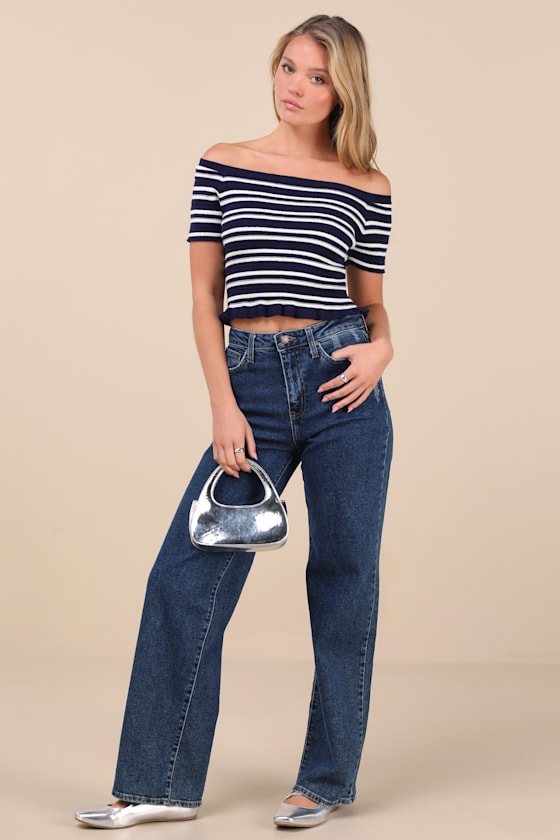 Erela Navy and Ivory Striped Off-the-Shoulder Sweater Top