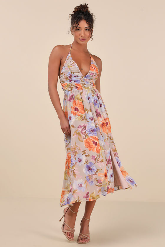 Danelle Taupe Floral Halter A-Line Midi Dress