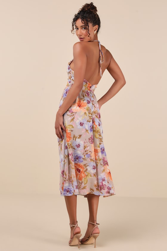Danelle Taupe Floral Halter A-Line Midi Dress