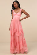 Stunning Personality Pink Mesh Off-the-Shoulder Maxi Dress