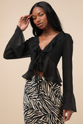 Thriving Flirt Black Chiffon Ruffled Long Sleeve Tie-Front Top