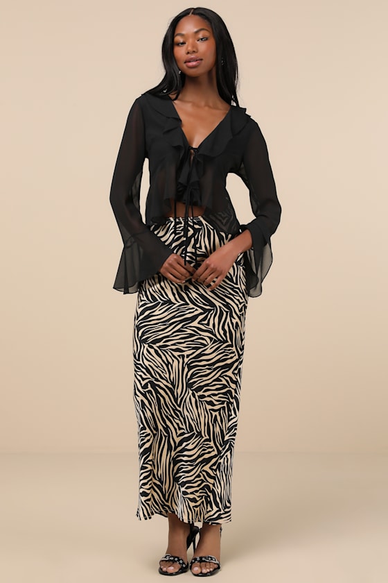 Thriving Flirt Black Chiffon Ruffled Long Sleeve Tie-Front Top