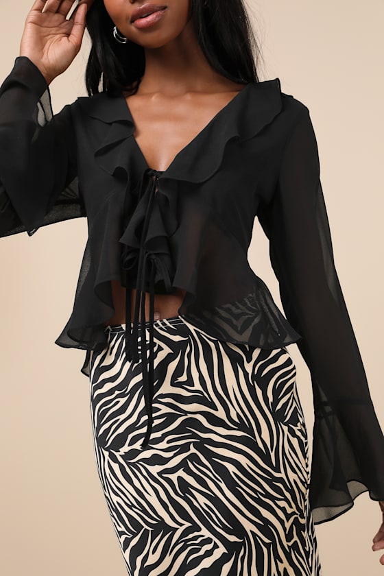 Thriving Flirt Black Chiffon Ruffled Long Sleeve Tie-Front Top