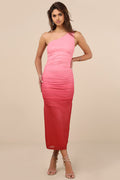 Beautiful Perception Pink Ombre One-Shoulder Mesh Midi Dress