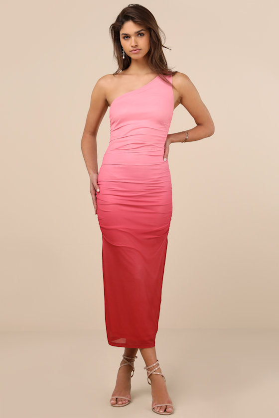 Beautiful Perception Pink Ombre One-Shoulder Mesh Midi Dress