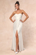 Heidy White Satin Beaded Strapless Maxi Dress