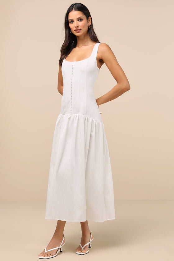 Kyla White Drop Waist Midi Dress