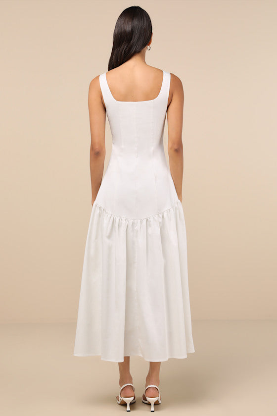 Kyla White Drop Waist Midi Dress