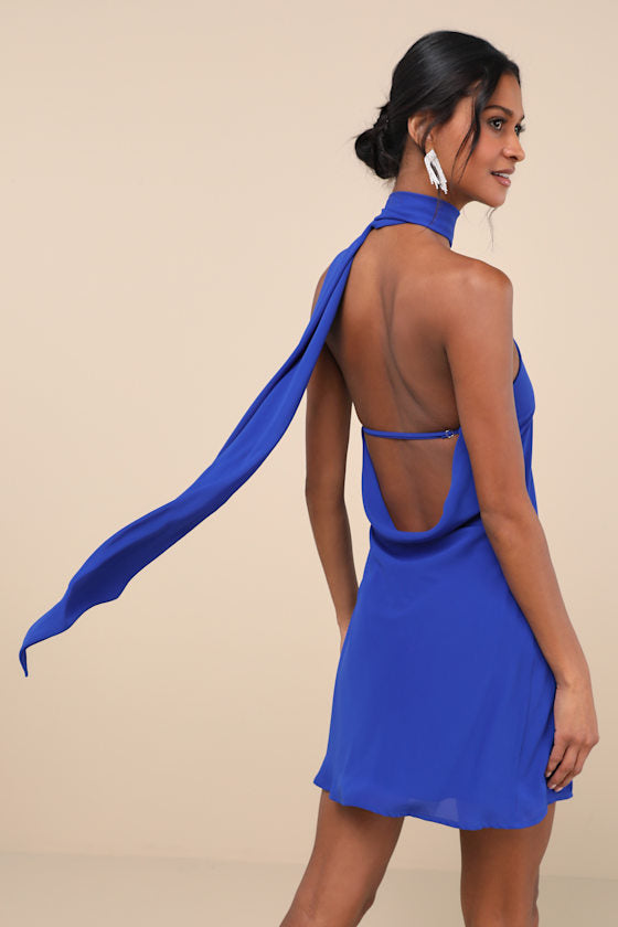 Isloda Blue One-Shoulder Backless Sash Mini Dress