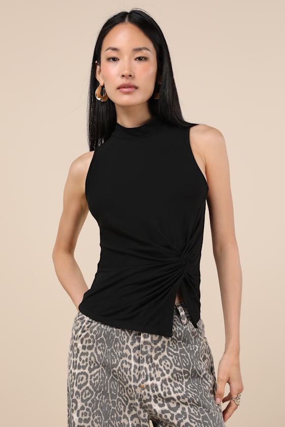 Stylish Inclination Black Mock Neck Knot-Front Sleeveless Top