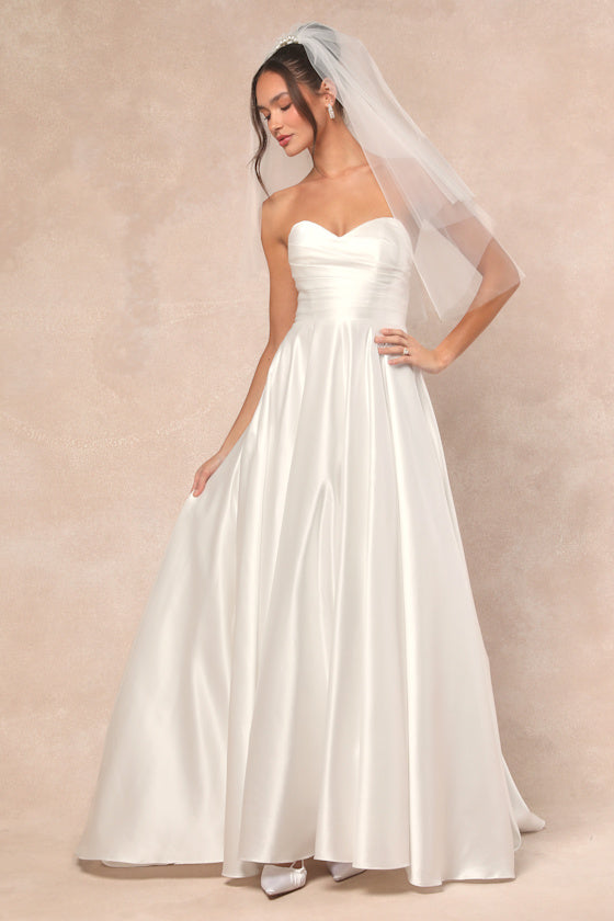 Khalida White Satin Pleated Strapless Gown
