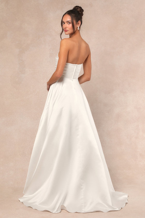 Khalida White Satin Pleated Strapless Gown