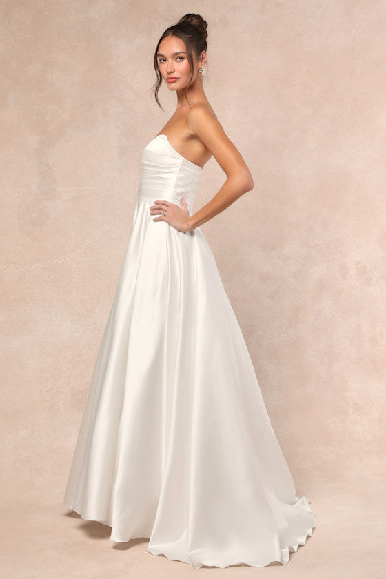 Khalida White Satin Pleated Strapless Gown