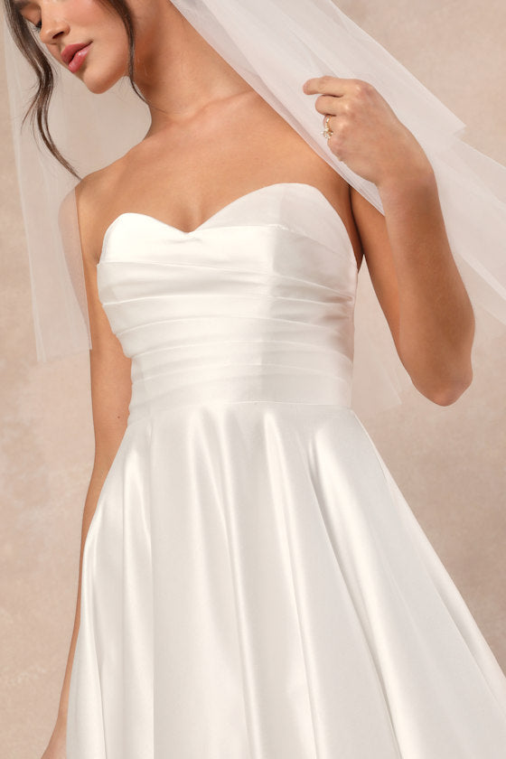Khalida White Satin Pleated Strapless Gown