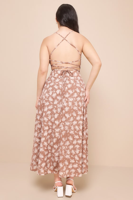 Picturesque Moments Brown Floral Print Strappy Maxi Dress