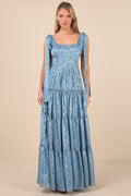 Picturesque Allure Slate Blue Jacquard Tie-Strap Maxi Dress