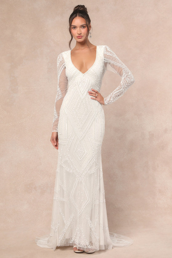 Deedra White Sequin Beaded Backless Maxi Dress