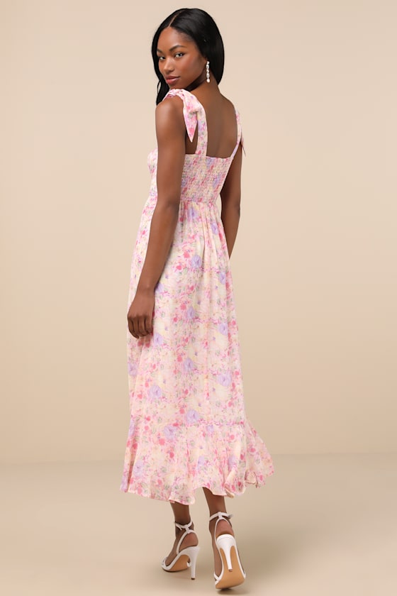 Summer Invite Pink Multi Floral Tie-Strap Tiered Midi Dress