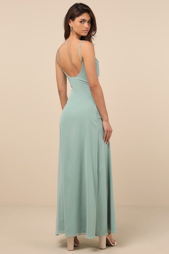 Eliora Sage Green Lace Cowl Neck Chiffon Maxi Dress