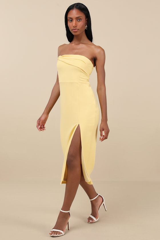 Twist and Make Up Light Yellow One-Shoulder Bodycon Midi Dress