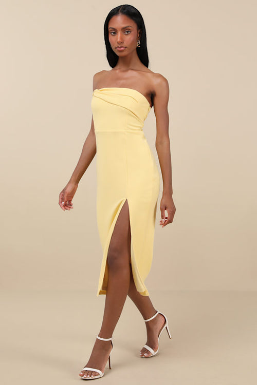 Twist and Make Up Light Yellow One-Shoulder Bodycon Midi Dress