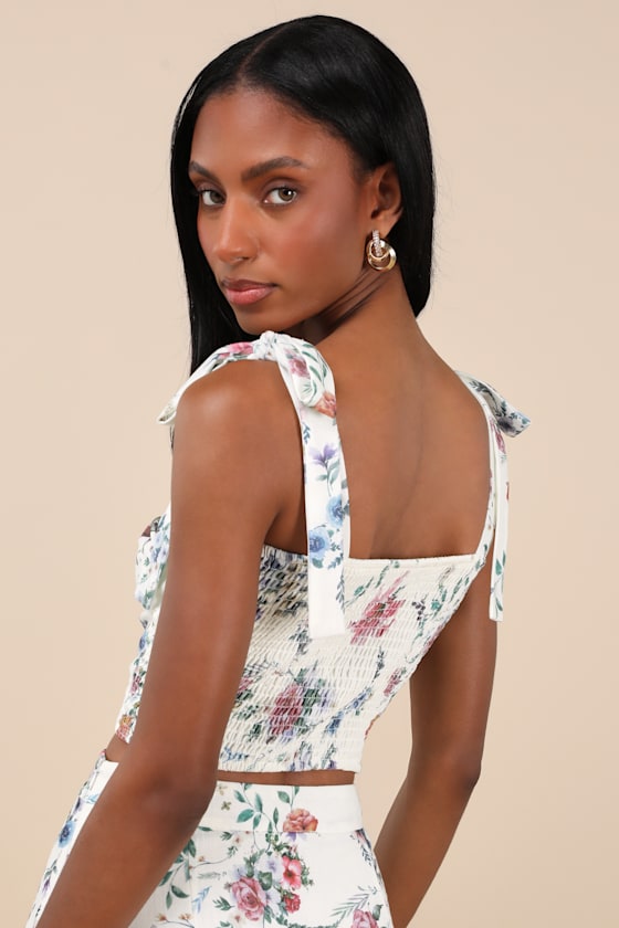 Beautifully Chic White Floral Tie-Strap Bustier Top