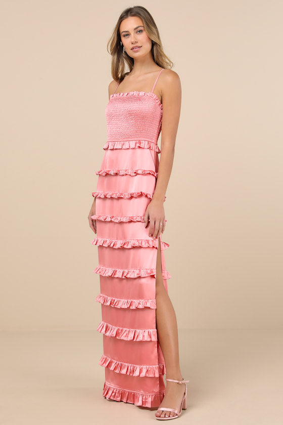 Sincerely Fabulous Peach Pink Satin Smocked Ruffled Maxi Dress