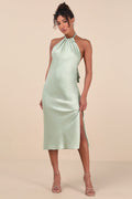 Angelique Sage Satin Backless Halter Midi Dress