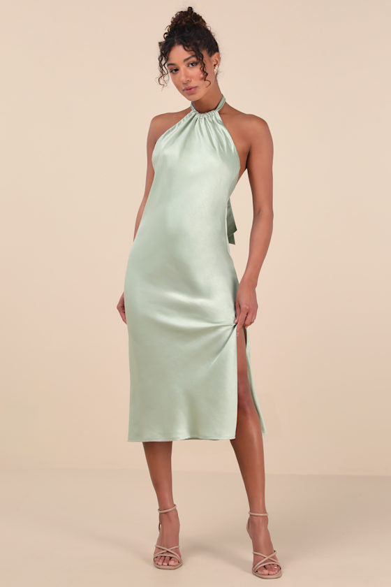 Angelique Sage Satin Backless Halter Midi Dress