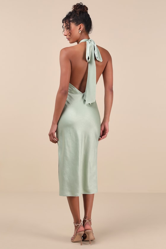 Angelique Sage Satin Backless Halter Midi Dress