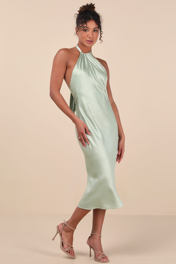 Angelique Sage Satin Backless Halter Midi Dress