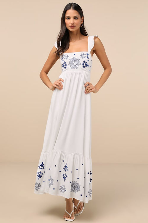 Marla Ivory Linen Embroidered Maxi Dress