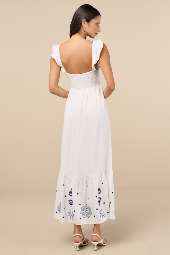 Marla Ivory Linen Embroidered Maxi Dress