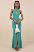 Belestina Teal Green Cutout Mock Neck Maxi Dress