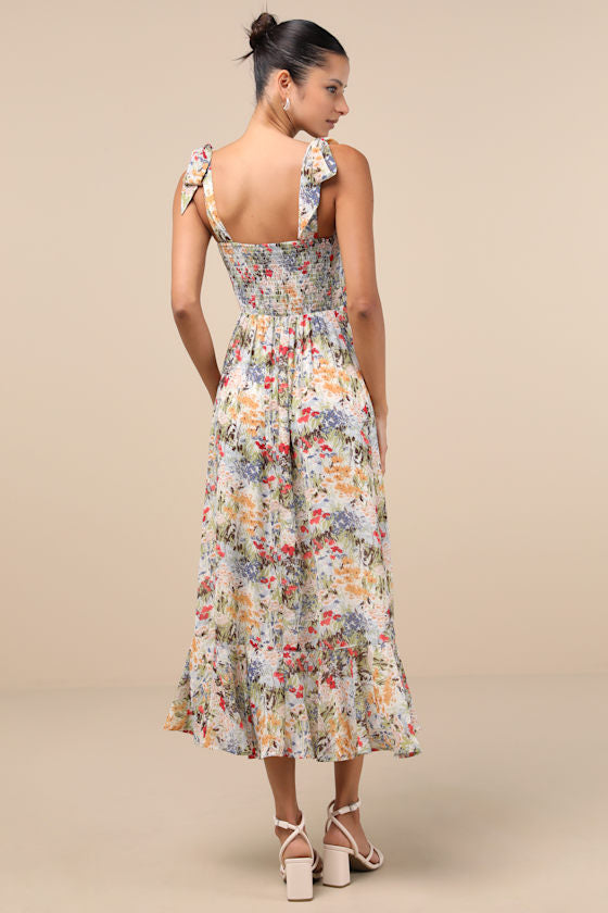 Summer Invite White Multi Floral Tie-Strap Tiered Midi Dress