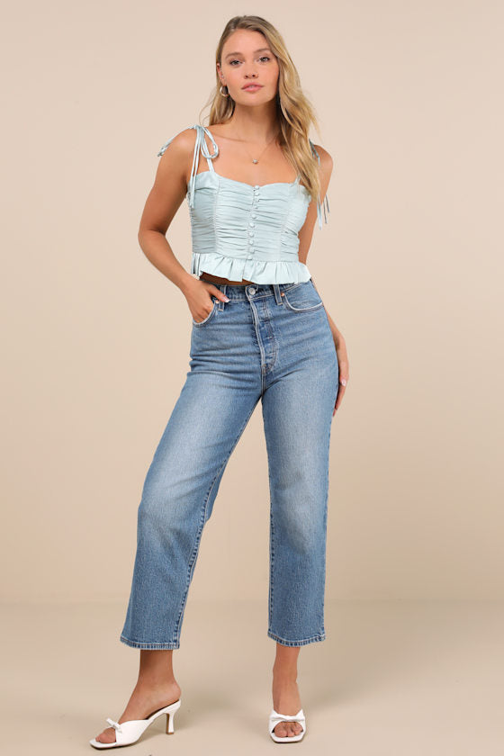 Elliena Mint Satin Ruched Tie-Strap Peplum Crop Top