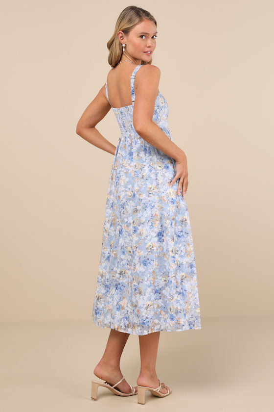 Colwyn Light Blue Floral Jacquard Bustier Midi Dress