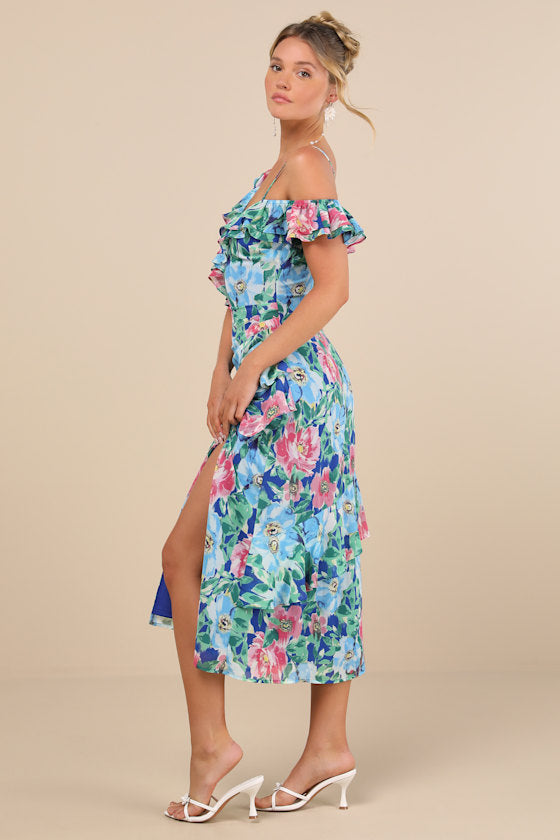 Cosima Blue Floral Asymmetrical Midi Dress
