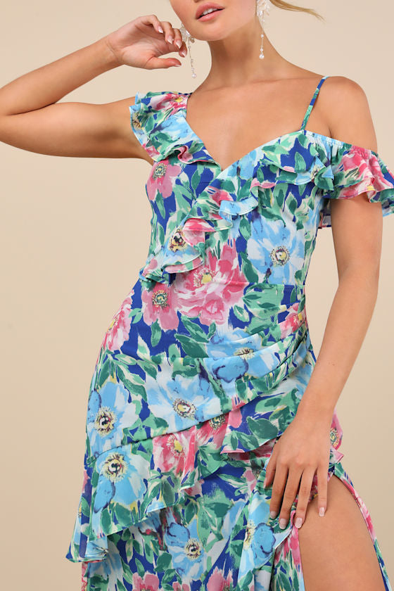 Cosima Blue Floral Asymmetrical Midi Dress