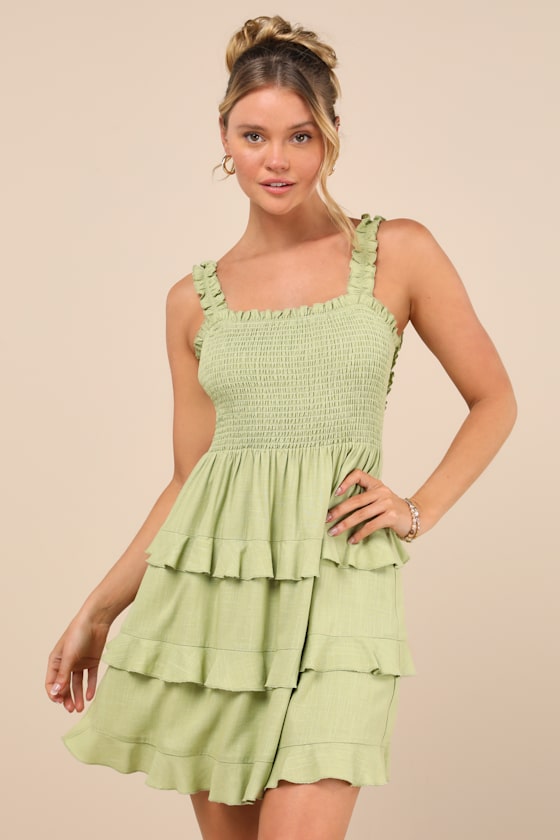 Super Sweet Lime Green Smocked Ruffled Tie-Back Mini Dress