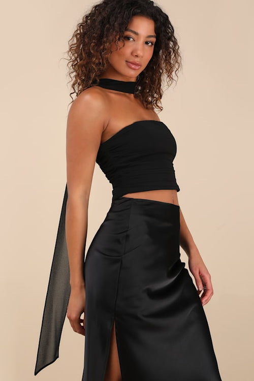 Marlette Black Strapless Crop Top and Scarf Set