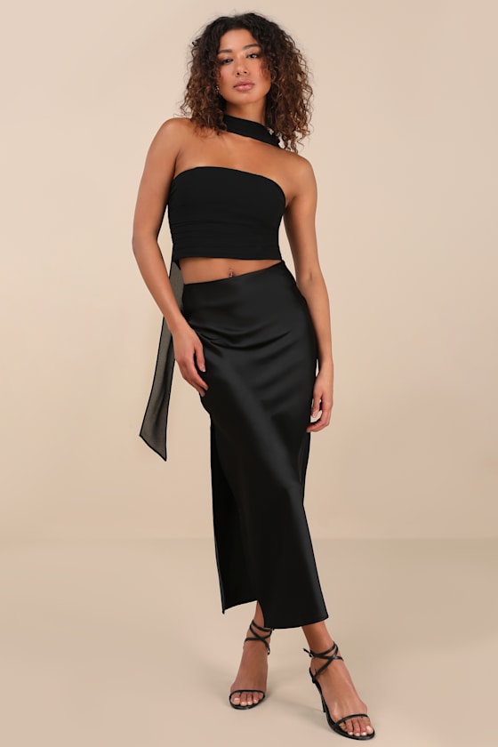 Marlette Black Strapless Crop Top and Scarf Set