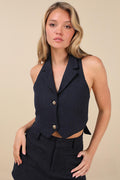 Looking Posh Navy Tweed Backless Cropped Halter Vest Top