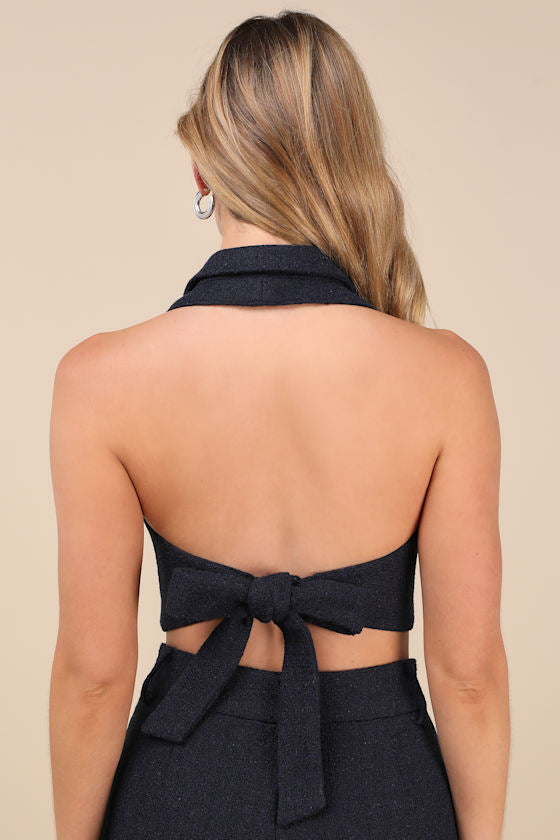 Looking Posh Navy Tweed Backless Cropped Halter Vest Top