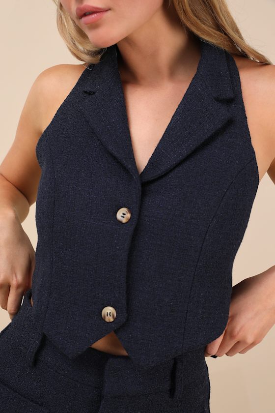 Looking Posh Navy Tweed Backless Cropped Halter Vest Top
