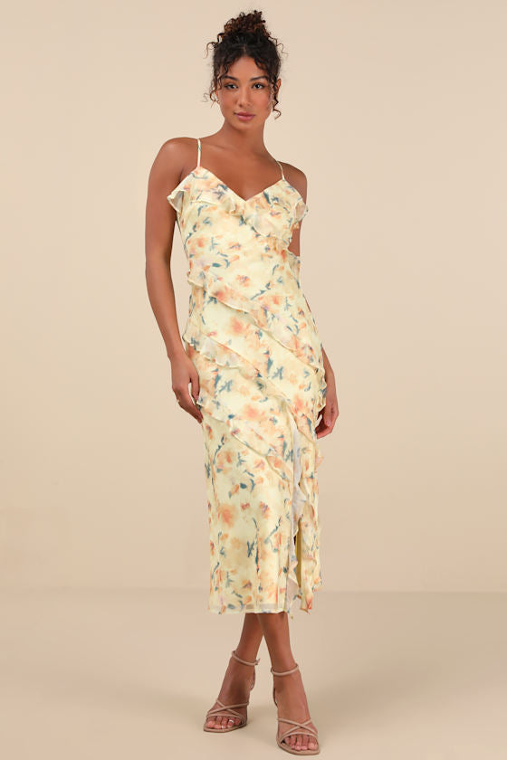 Dreamy Personality Yellow Floral Ruffled Sleeveless Midi Dress