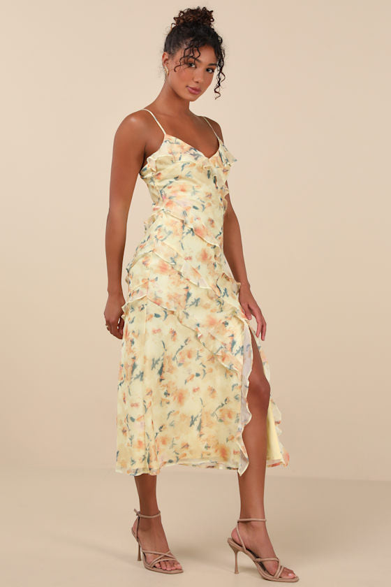 Dreamy Personality Yellow Floral Ruffled Sleeveless Midi Dress