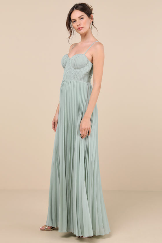 Admirable Elegance Sage Green Pleated Bustier Maxi Dress