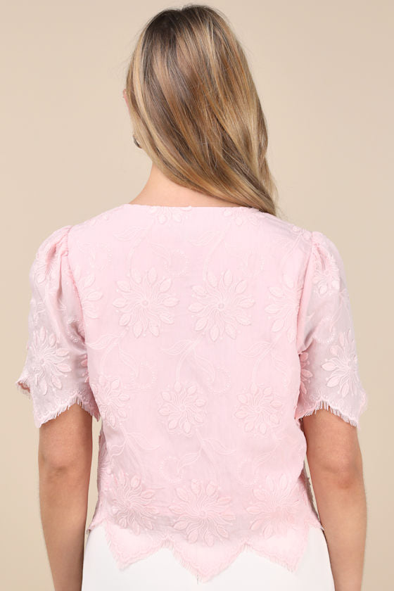 Vintage Aesthetic Pink Embroidered Tie-Front Fringe Hem Top