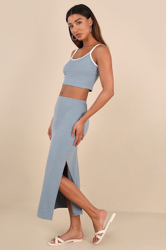 Trendy Match Slate Blue Ribbed Two-Piece Midi Dress
